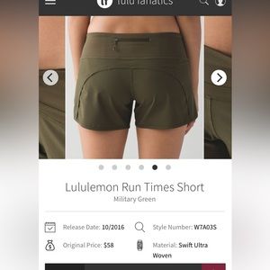 Lululemon Run Times Short military green size 8